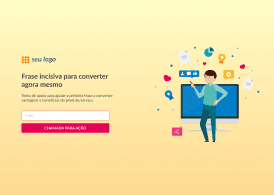 Formulário a direita e uma ilustração com um homem segurando o celular na frente do seu monitor e ícones de likes, favoritos e etc.